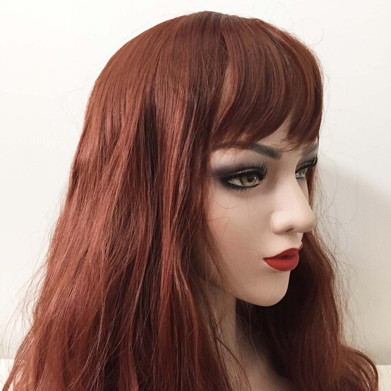 Women Auburn Brown Short Fringe Bangs Long Wavy Curly Wig With Scalp