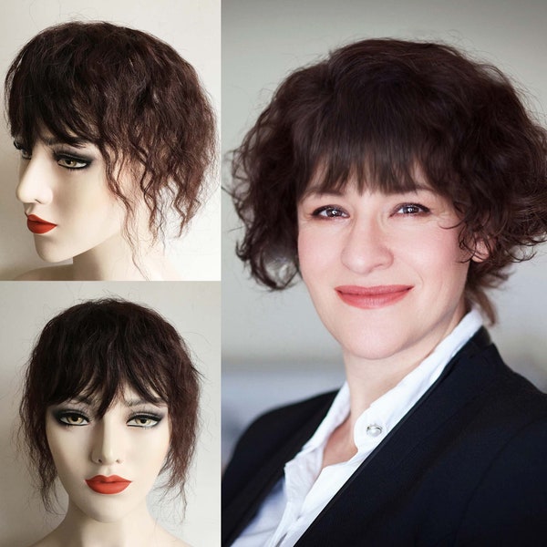 Hair Extension Toppers Toupee For Women Real Human Hair Dark Brown Curly Fringe Bangs