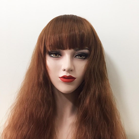 Women Bob Bangs Brown Wavy Frizzy Long Hair Wig