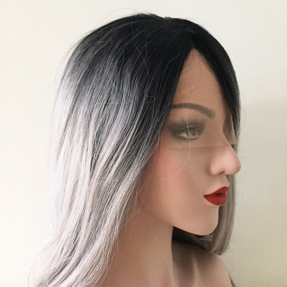 Women Lace Front Gray Black Ombre Fading Color Long Straight Etsy