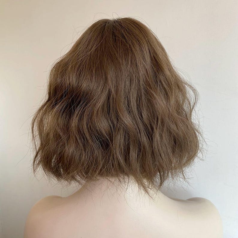 Dark Brown Curly Wig Short Bob Wig With Bangs Brown Women Wavy Water Wave Female Wig Natural Looking Glueless Wig