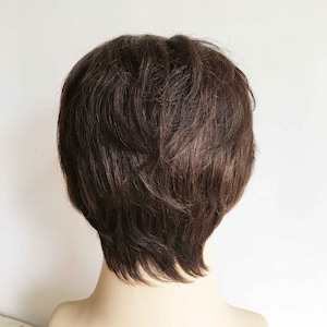 Men Dark Brown Real Human Hair Shaggy Textured Natural Fringe Bangs Short Straight Wig