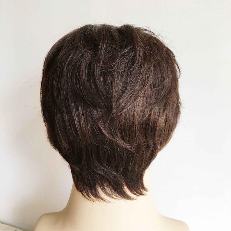 Men Dark Brown Real Human Hair Shaggy Textured Natural Fringe Bangs Short Straight Wig