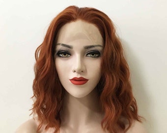 Women Lace Front Auburn Brown Red Tone Curly Wavy Hair Medium Length Free Part Wig 14 Inches