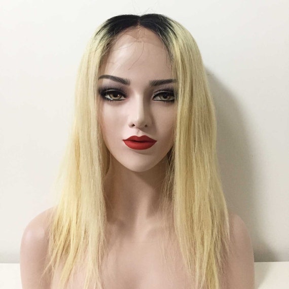 Women Lace Front Real Human Brazilian Hair Ombre Dark Root Blonde Middle Part Straight Hair Wig 14inches