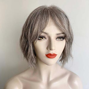 Grey Human Hair Wigs For Women Lace Front Wig With Bangs Gray Silver Salt And Pepper Wig Short Bob Slight Wavy Chemo Alopecia Wig