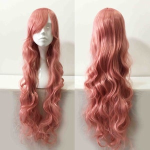 Women Dark Pink Long Curly Hair Side Swept Long Bangs Cosplay Anime Wig