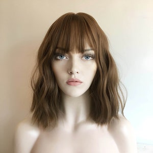 Dark Brown Curly Wig Short Brown Wig With Bangs Brown Women Wavy Short Bob Water Wave Natural Looking Glueless Wig