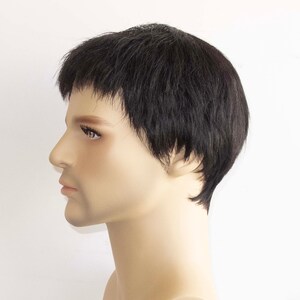 Men Black Real Human Hair Very Short Straight Flat Very Short Fringe Bangs Wig