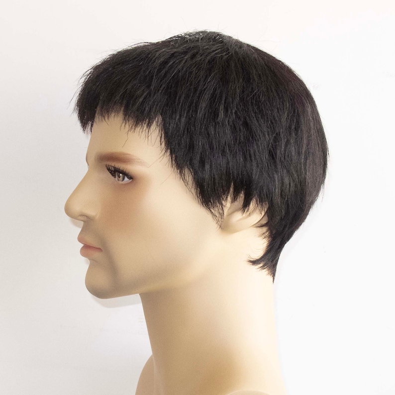 Men Black Real Human Hair Very Short Straight Flat Very Short Fringe Bangs Wig