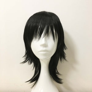 Emo Wig Unisex Black Mullet Style Wig Layered Bangs Wig Medium Length Straight Cosplay Anime Wig