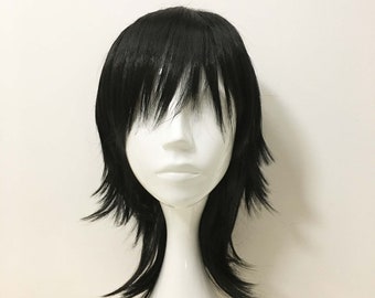 Black Mullet Wig Wolf Cut Wig Unisex Scene Layered Bangs Emo Wig Medium Length Straight Cosplay Anime Wig
