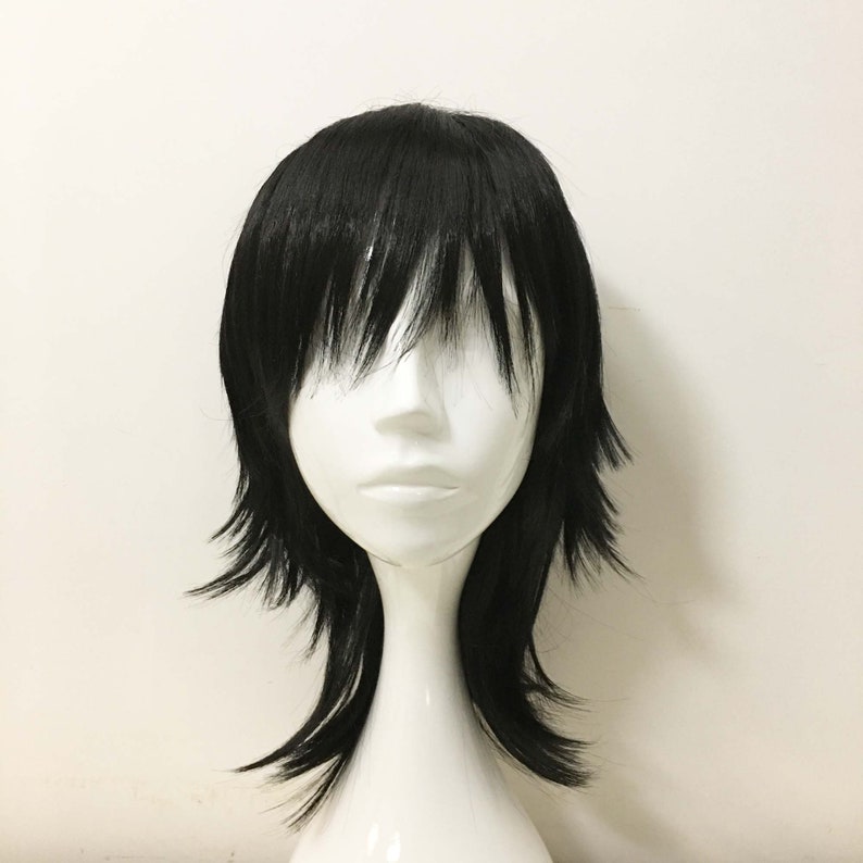 Unisex Black Mullet Layered Fringe Bangs Medium Length image 1