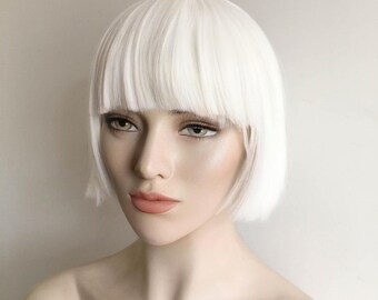 Snow White Short Bob Wig for Women Full Bangs Straight Hair  display picture 1