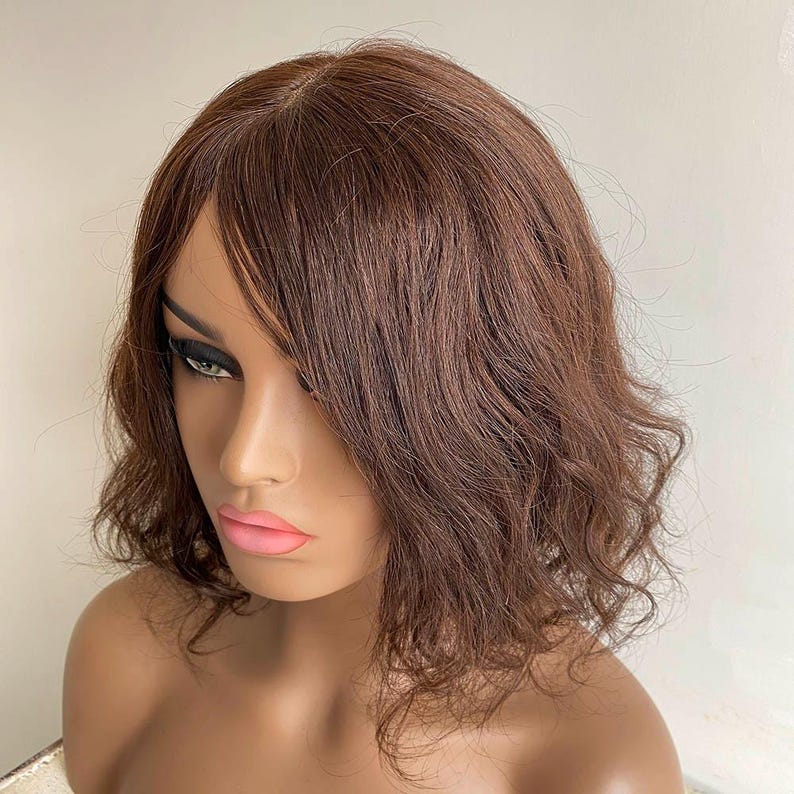 Dark Brown Human Hair Wig For Women Short Bob Curly Wig With Bangs Straight Real Hair Long Bangs Ladies Wig Natural Chemo Wig