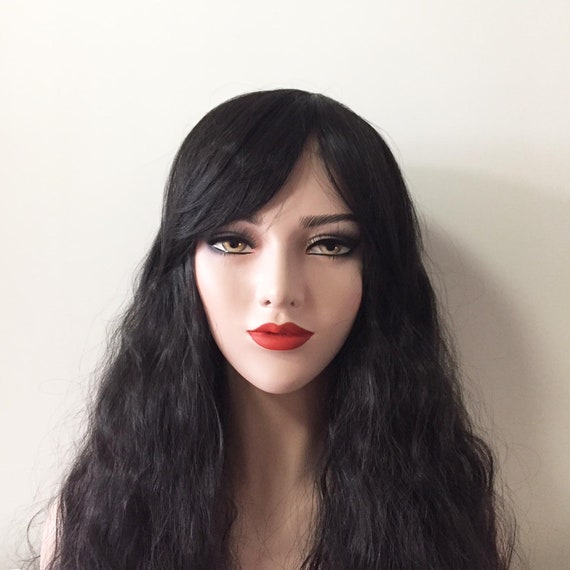 Women Long Thick Black Permed Curly Hair Straight Bangs Lolita Etsy