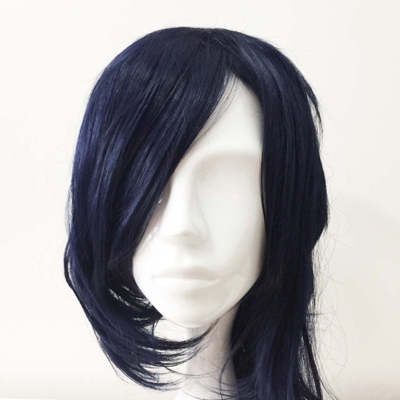 Men Dark Navy Long Side Swept Bangs Asymmetric Mullet Tail Etsy