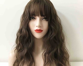 Dark Brown Curly Wavy S-Shape Choppy Fluffy Thin Bangs Synthetic Cosplay Wig for Women