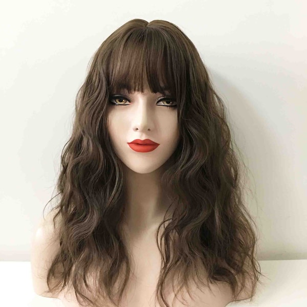 Dark Brown Curly Wavy S-Shape Choppy Fluffy Thin Bangs Synthetic Cosplay Wig for Women