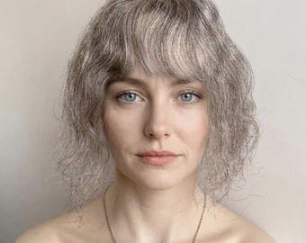 Women Gray Salt And Pepper Human Hair Topper For Thinning Hair Curly Clip-In Bangs