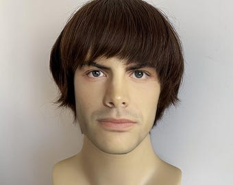 Men Human Hair Wig Dark Brown Short Straight Bangs 60s British Retro Music Cosplay
