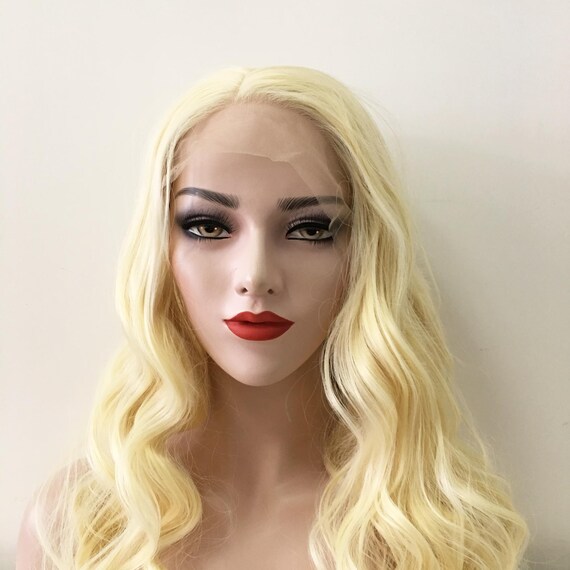 Women Creamy Blonde Lace Front Side Part Curly Wavy Long Hair Etsy