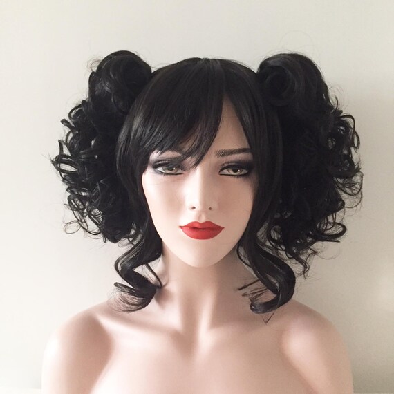 Women Black Lolita Style Twin Cute Curly Detachable Ponytails Hair Cosplay Party Wig