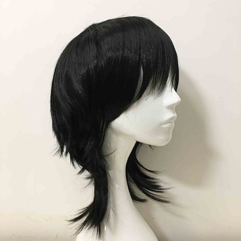 Unisex Black Mullet Layered Fringe Bangs Medium Length image 4