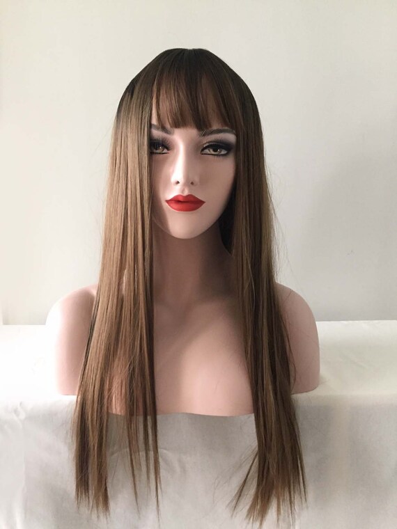 Women Casual Air Fringe Bangs Thin Long Straight Hair Ombre Fading Gray Brown Wig