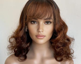 Women Dark Brown Human Hair Bangs Wig Lace Front Ombre Dark Root Long Curly