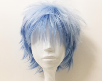 Men Blue White Two Tone Ombre Short Layers Hair Cosplay Anime Wig