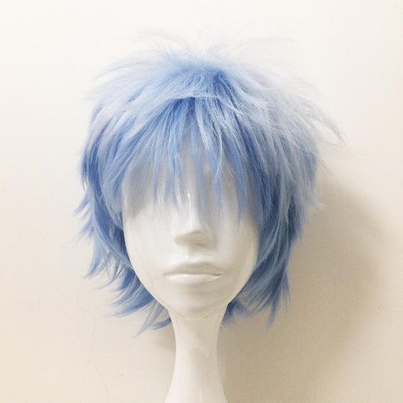 Men Blue White Two Tone Ombre Short Layers Hair Cosplay Anime Wig