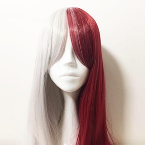 Two Tone Cosplay Wig: Red & White Long Straight Anime Wig