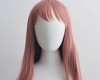 Long Dusty Pink Cosplay Wig with Bangs