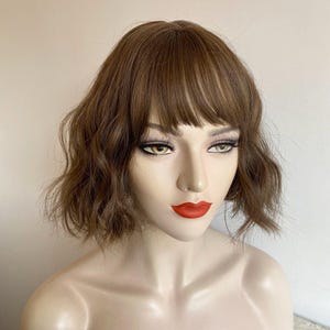 Dark Brown Curly Wig Short Bob Wig With Bangs Brown Women Wavy Water Wave Female Wig Natural Looking Glueless Wig