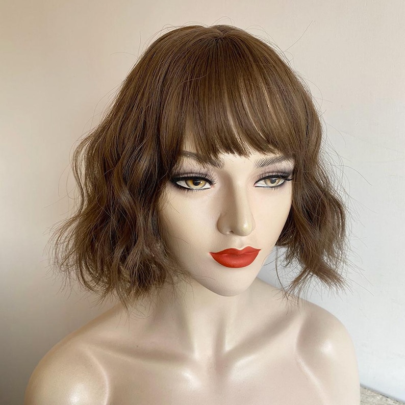 Dark Brown Curly Wig Short Bob Wig With Bangs Brown Women Wavy Water Wave Female Wig Natural Looking Glueless Wig