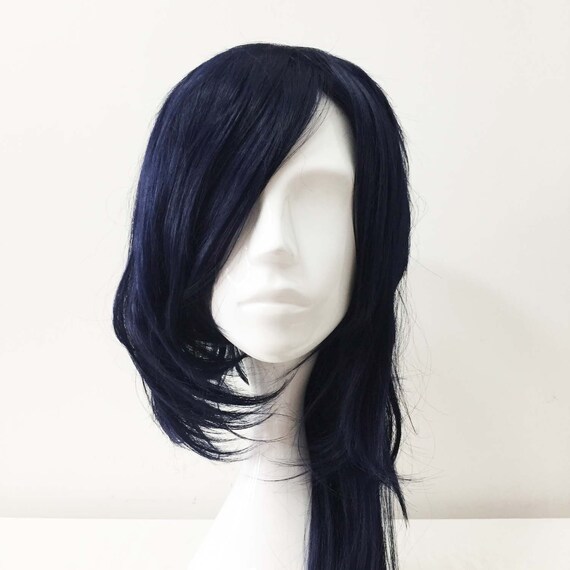 Men Dark Navy Long Side Swept Bangs Asymmetric Mullet Tail Etsy