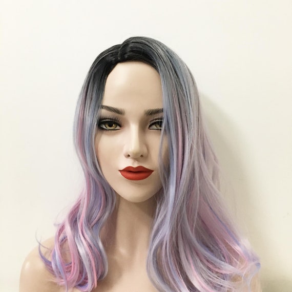 Women Ombre Dar Root Pink Purple Colorful Side Part Curly Hair Medium Length Wig