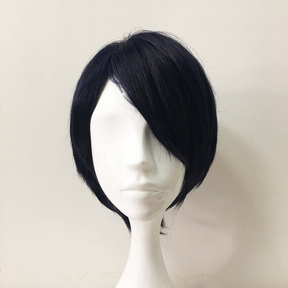 Men Cosplay Dark Navy Side Swept Bangs Short Hair Wig With Cap Etsy