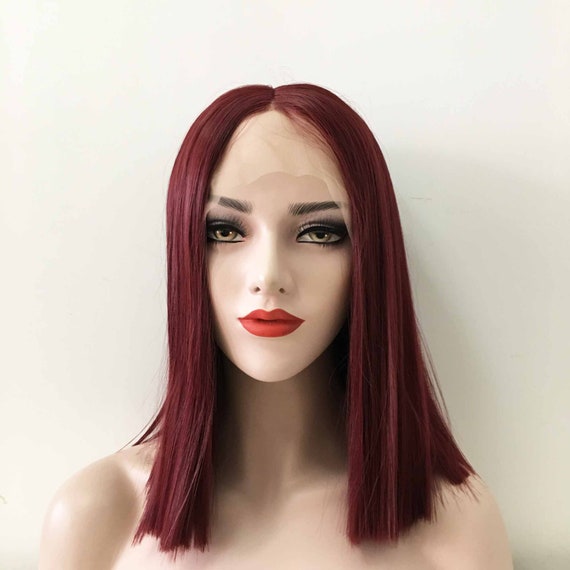 Women Lace Front Cherry Auburn Red Middle Part Medium Length Etsy