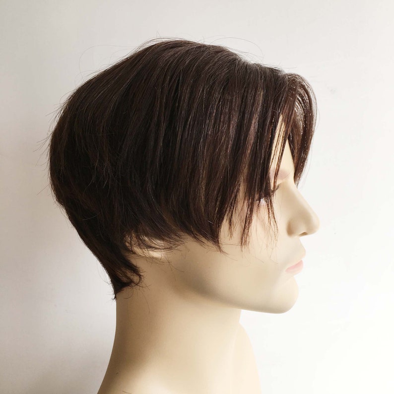 Men Dark Brown Real Human Hair Short Straight Side Part Curtain Bangs Wig
