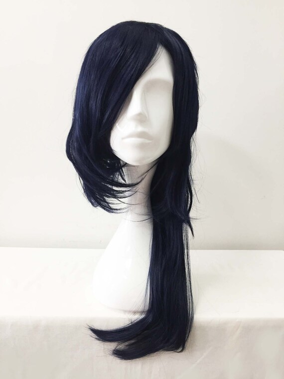 Men Dark Navy Long Side Swept Bangs Asymmetric Mullet Tail Etsy