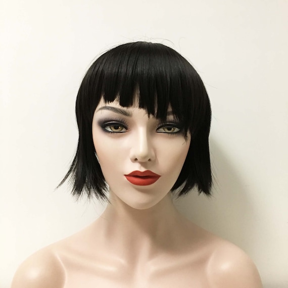 Women Black Asymmetric Bob Bangs Layered Straight Short Hair Etsy
