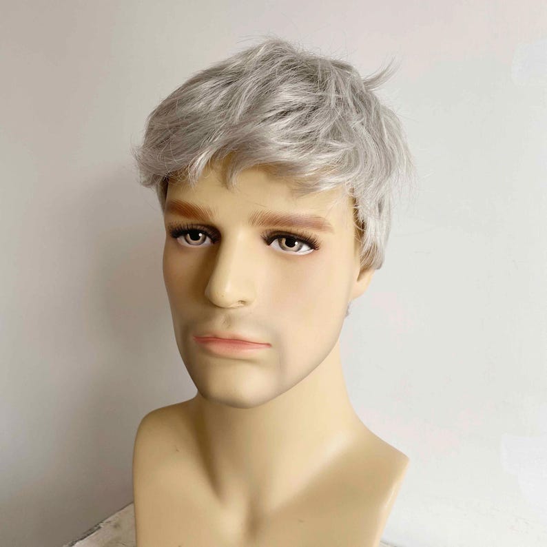 Men Gray Silver Wig With Bangs Short Straight Wig Cosplay Costume Party Wig Husband Gift For Father