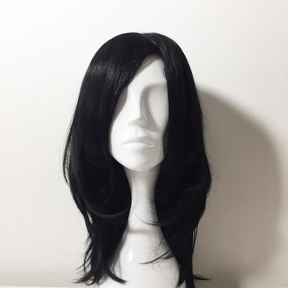 Unisex Black Asymmetric Layers Long Straight Hair Side Swept Etsy