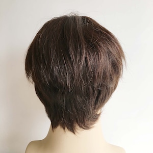 Men Dark Brown Real Human Hair Short Straight Side Part Curtain Bangs Wig