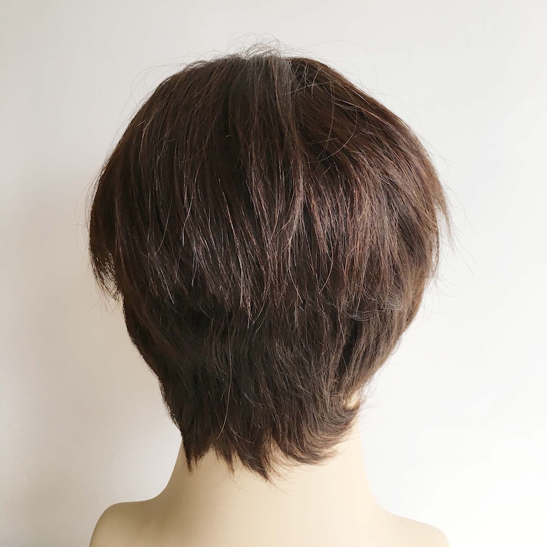 Men Dark Brown Real Human Hair Short Straight Side Part Curtain Bangs Wig