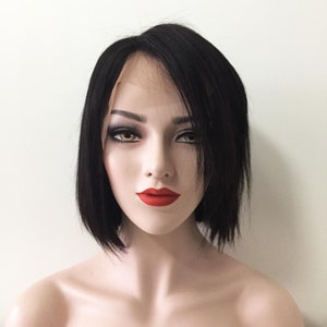 Women Lace Front Natural Black Brazilian Real Human Hair Wigs, Short Straight Side Part, 8 inches
