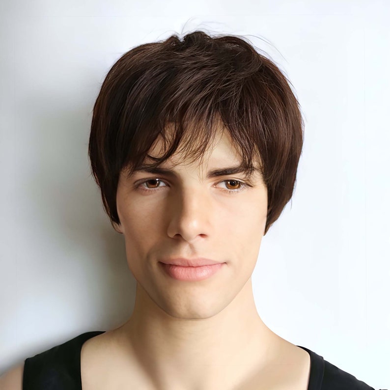 Men Dark Brown Real Human Hair Shaggy Textured Natural Fringe Bangs Short Straight Wig