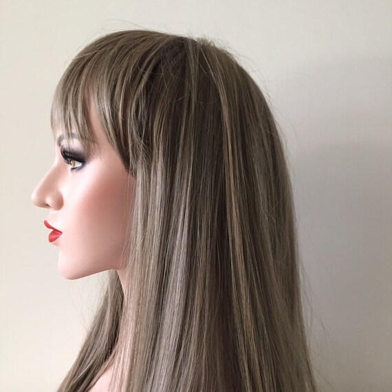 Women Soft Long Straight Fringe Bangs Ombre Ash Gray Brown End Smooth Hair Wig